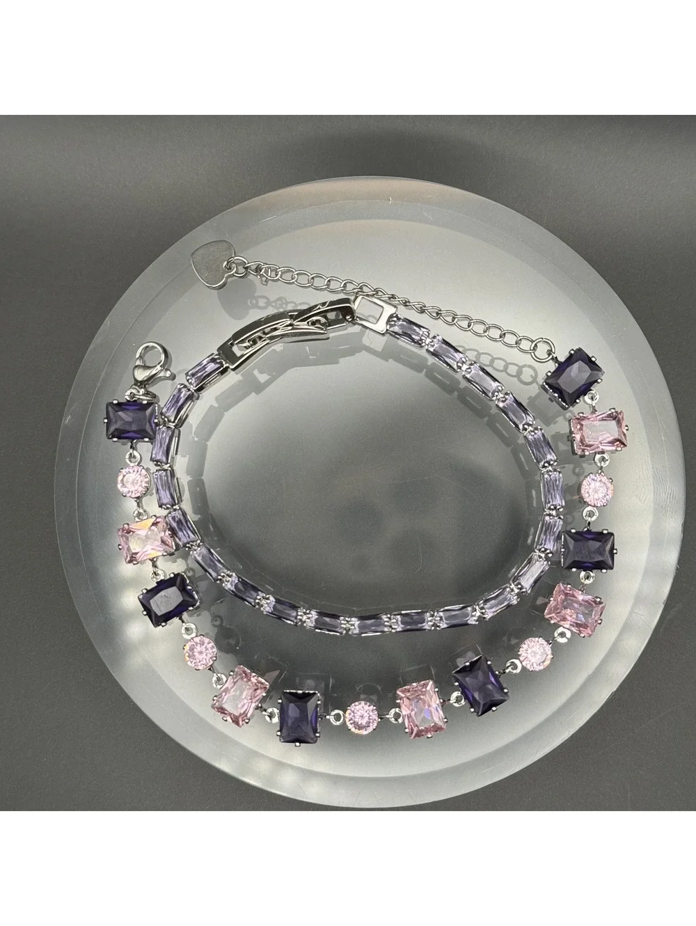 candy+clover pink and amethyst crystal silver plated bracelet stack